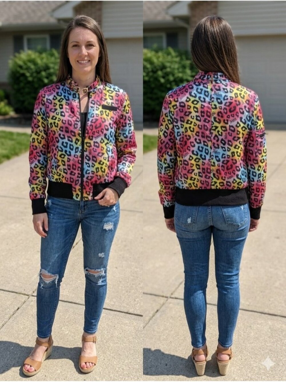 Abbey Dawn Avril Lavigne Rainbow Leopard Windbreaker Jacket Women's M Y2K Punk